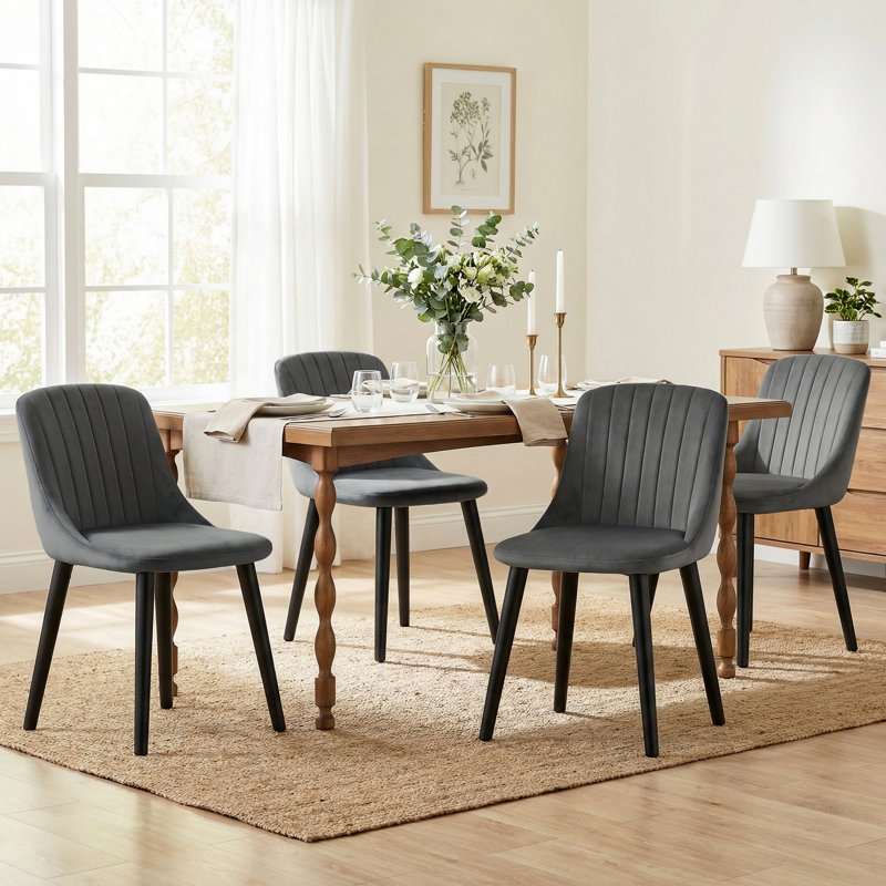 Velvet Dining Chairs With Wooden Legs Set Of 4, 4, Dark Gray Velvet/Black