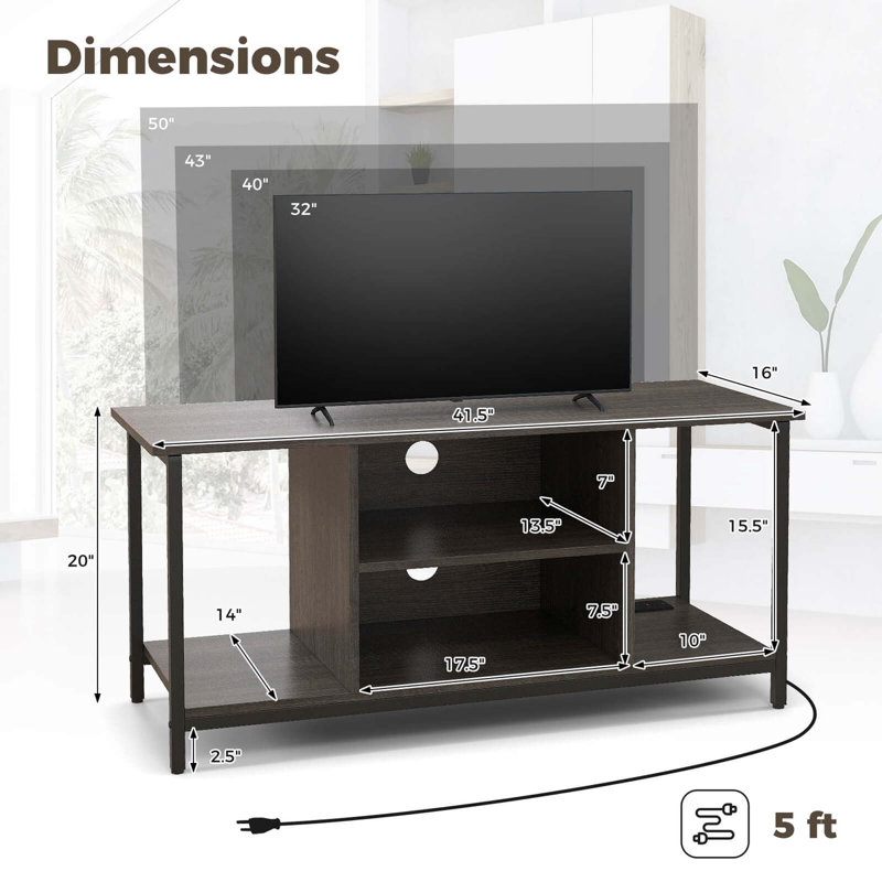 Tv Stand With Power Outlet Usb & Type-c Port 3-tier Tv Console Table Grey