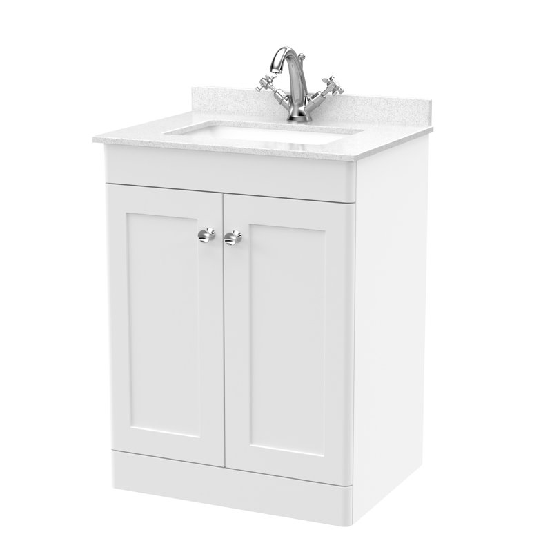 Classique 600mm Free-standing Single Bathroom Vanity with Marble Vanity Top, Satin White