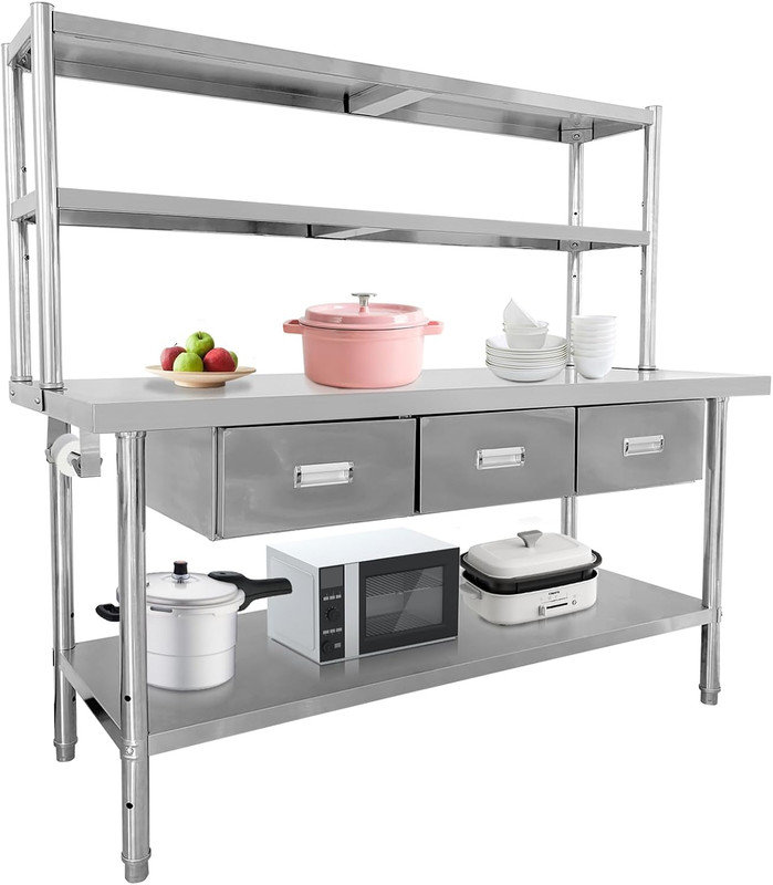 Table en acier inoxydable avec tablettes et tiroirs, table de travail commerciale 60 "/ 71" Capacité de 1460LBS