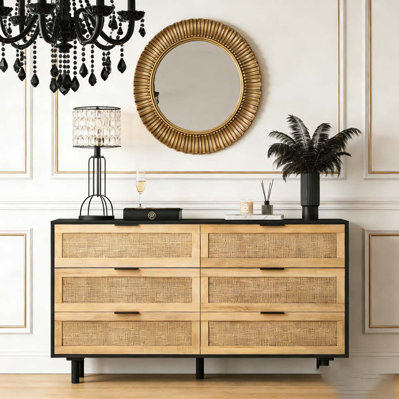 Armoire de rangement 59,6 po à 6 tiroirs avec tiroir en rotin, Noir