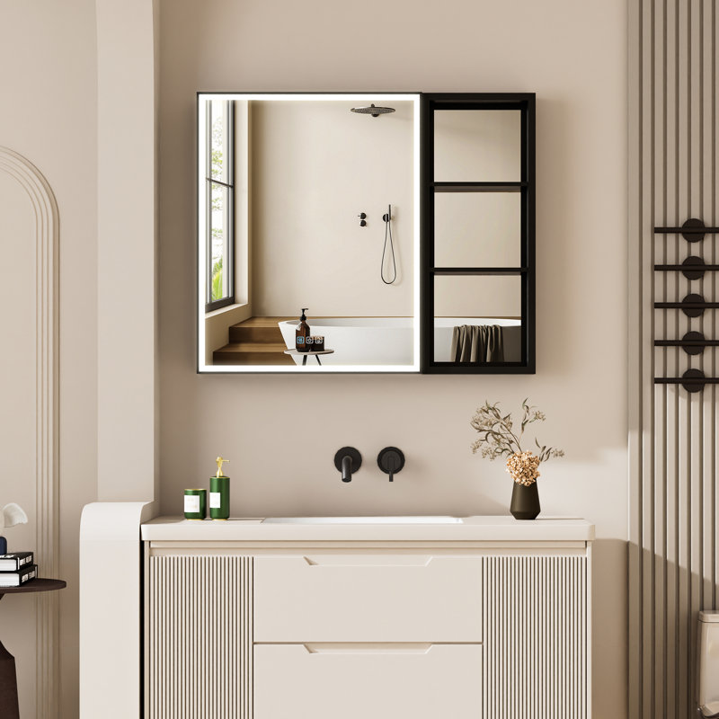 30 po Narender H Armoire à miroir murale encastrée ou en surface H avec armoire latérale noire, H 30 po x l 36 po x P 4,63 po