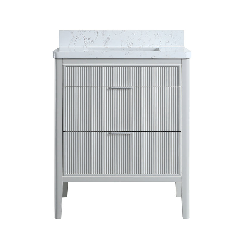 Ensemble de meuble-lavabo autoportant 30 po avec 2 ensembles de poignées et plateau en marbre d'ingénierie entièrement assemblé