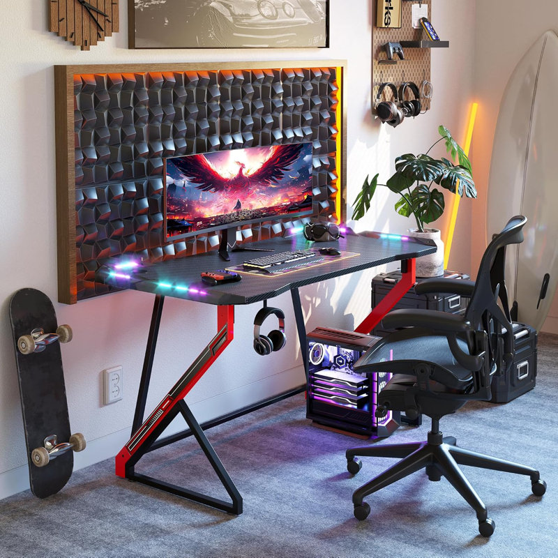 Small Gaming Desk With LED Lights, Computer Desk For Home Small Space, Gaming Table With Carbon Fibre Surface, PC Gamer Desk For Kids