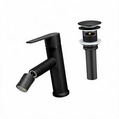Robinet de lavabo pour salle de bain à poignée simple en acier inoxydable noir mat avec bonde escamotable et aérateur rotatif à 360 degrés