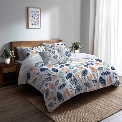 French Country Bedding Set of 6 - Traditional Blue And Orange Paisley Petals Bedding And Throw Pillow Set