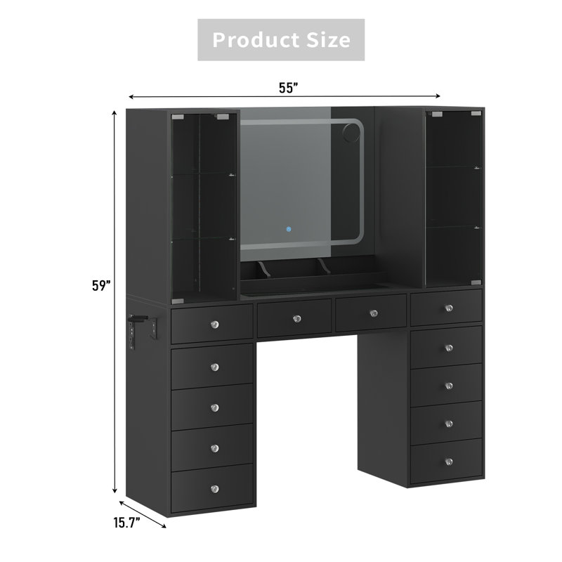 Makeup Vanity With Charging Station, Vanity Desk With LED Mirror & 2 Glass Cabinet, 3 Color Modes, Brightness Adjustable, 12 Drawers Vanity Set With Glass Top, Dressing Table With Chair
