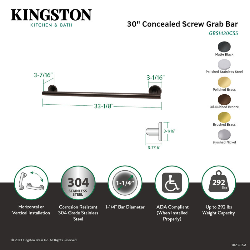 Kingston Brass Berwyn Grab Bar, 33.13" W, Matte Black