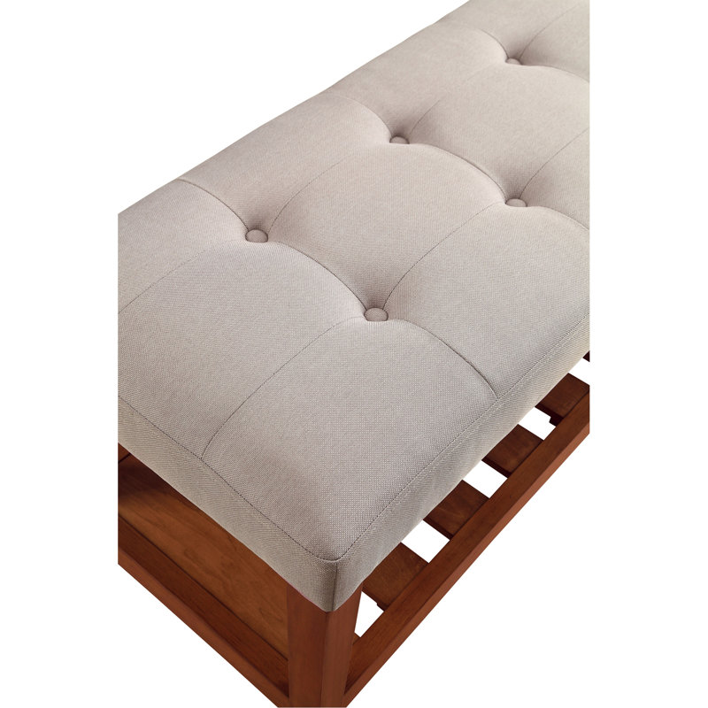 Banc moderne gris avec structure en chêne robuste et rangement de style contemporain avec capitonnage