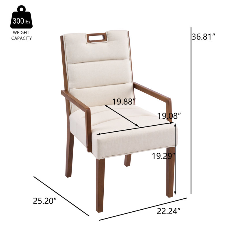 Linden Mid-Century Modern Upholstered Dining Armchairs with Rubberwood Frame, Beige Cushion/Walnut Frame, 2