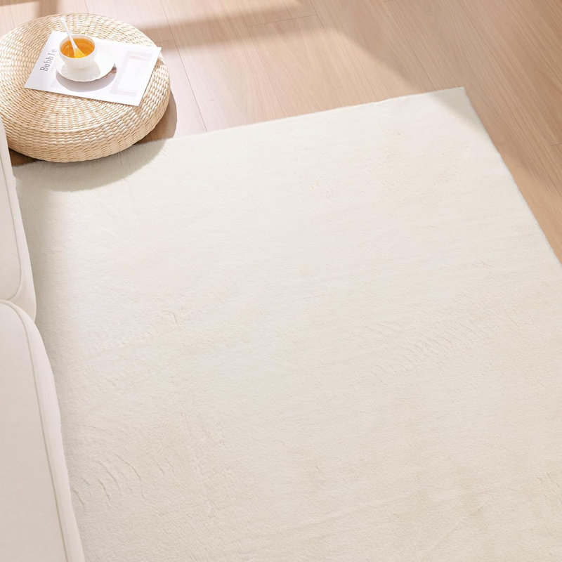 Silky Soft Faux Rabbit Fur Area Rug, Cream, Rectangle 3' x 5'