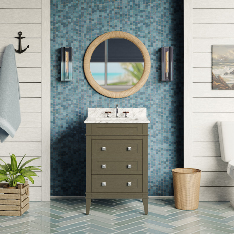 Ensemble de meuble-lavabo simple 24 po Francfort avec comptoir gris vieilli et comptoir en marbre de Carrare, Gris patiné