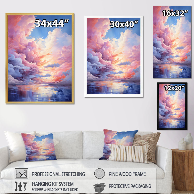 Lennice " Clouds Whimsical Cloudscape Playful ", 32" H x 24" W x 1" D, Natural Floater Framed