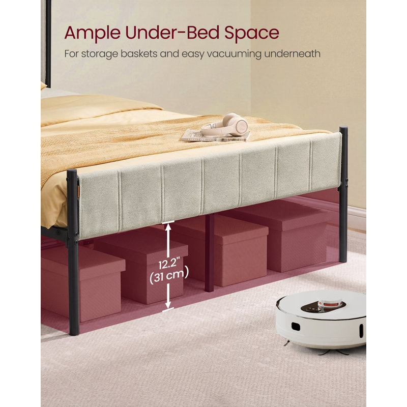 Double Bed Frame with Upholstered Headboard, Beige