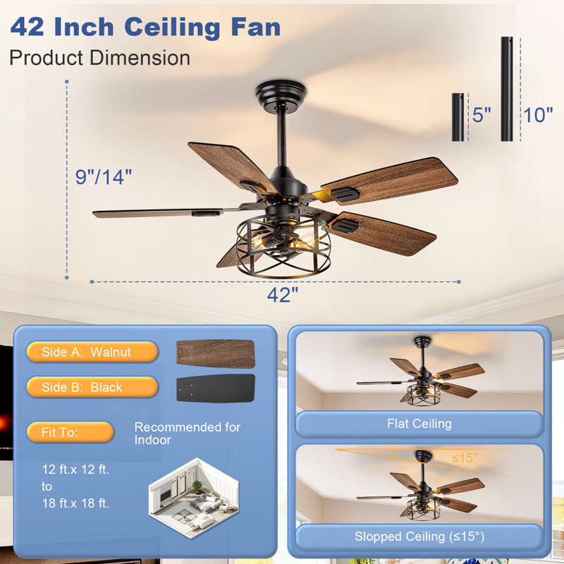 42 Inch Caged Ceiling Fans with Lights, Dual Finish 5 Black Walnut Blades Hanging Fan, Rustic Ceiling Fan with Remote APP Control for Farmhouse Indoor/Outdoor Use
