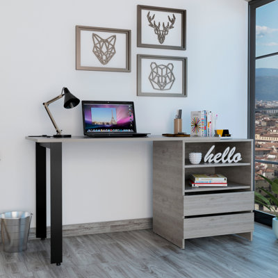 Bureau d'écriture à 2 tiroirs gris clair à 2 tiroirs avec finition moderne et pieds en métal robustes, parfait pour les espaces de travail organisés et élégants.