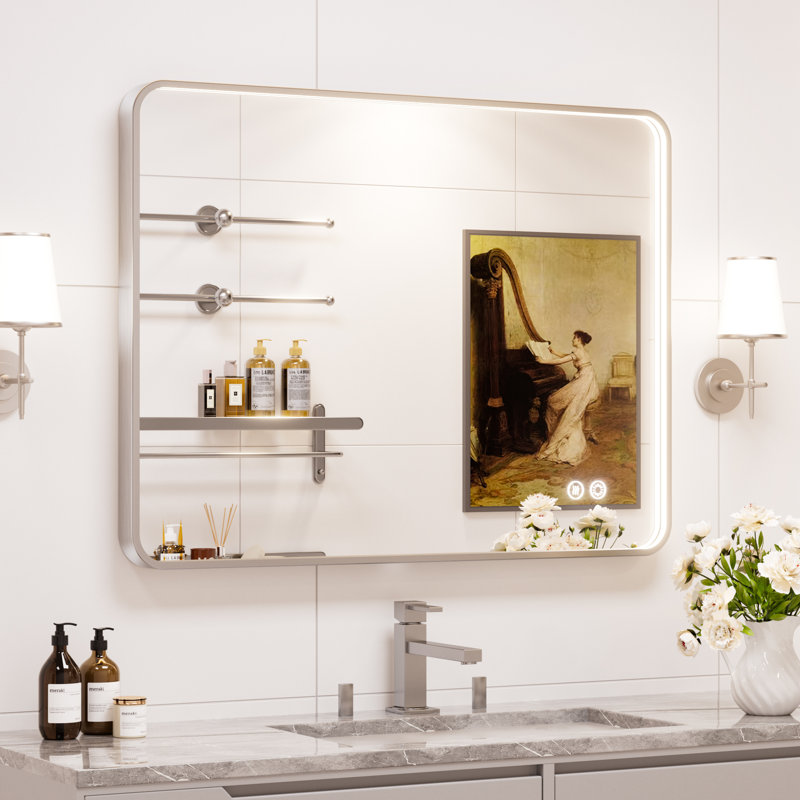 Miroir de salle de bain lumineux en aluminium, 40 po x 30 po, Nickel brossé
