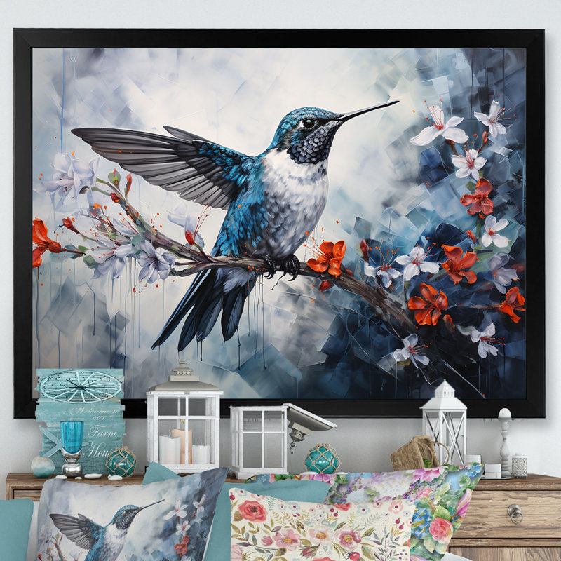 Colibri harmonie florale sur toile, H 12 po x l 20 po x P 1 po, Cadre simple noir