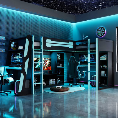 Structure de lit en L en forme de L avec lumières DEL RVB, ports USB, tablettes de rangement et base de lit pour économiser de l'espace