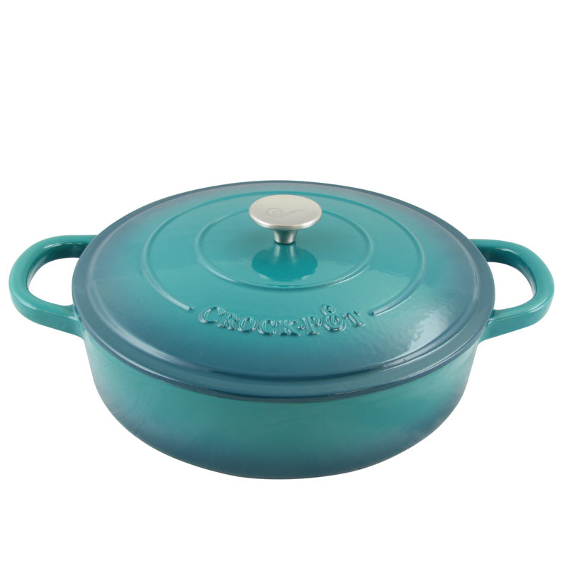 Crock-pot Artisan 5 qt. Non-Stick Cast Iron Round Braiser with Lid, Teal Ombre