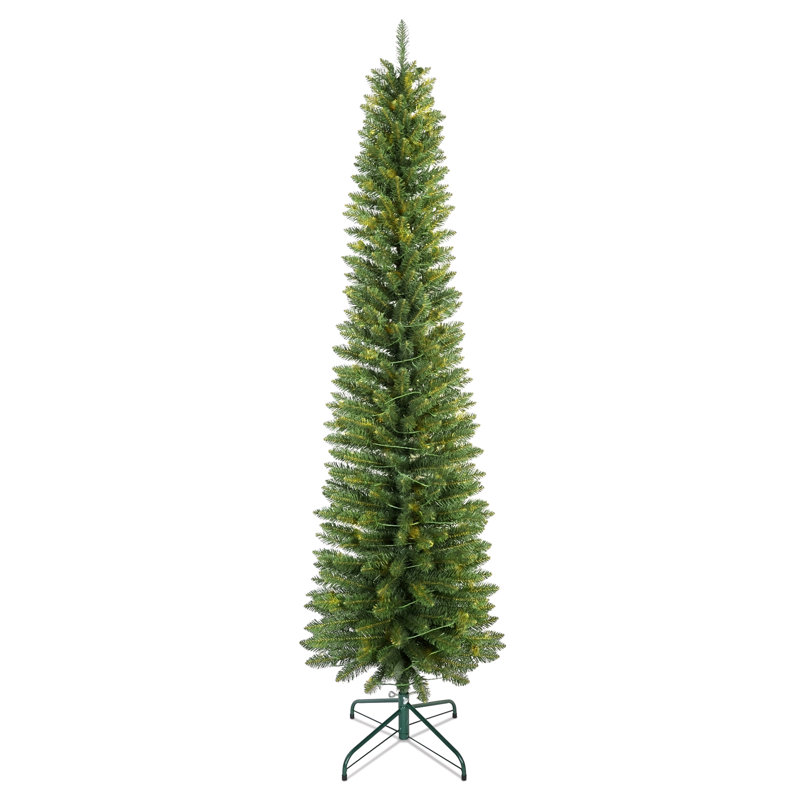 Arbre de Noël au crayon vert 7 pi - Arbre en PVC mince avec 469 pointes, conception compacte, support en métal stable, parfait pour les petits espaces et les coins