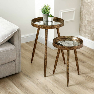 Bertrum Metal Round Nesting End Table for Living Room Furniture, Mirror Top Nest of Side Tables