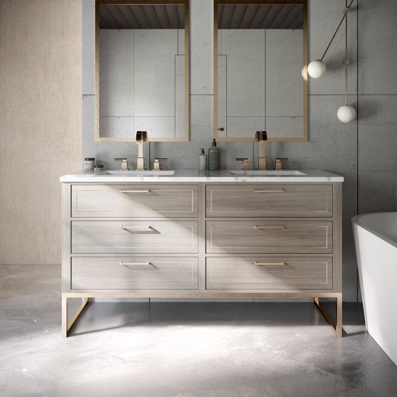 Markham 60'' W Double Vanity, Cashmere Gray, Carrara Marble, Satin Brass