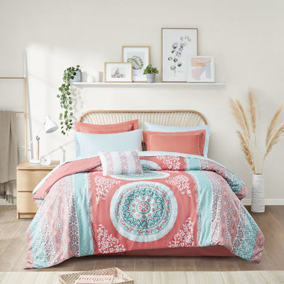 Édredon pour lit simple TG et drap - motif de médaillon corail, rembourrage, conception de literie plate, microfibre, taie d'oreiller incluse
