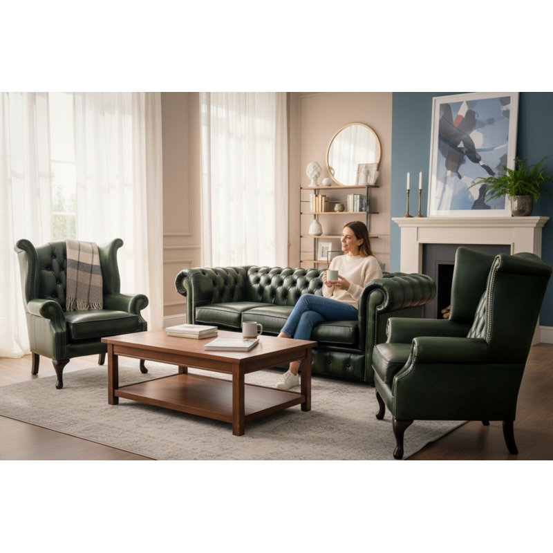 Chesterfield 3 Piece Suite. 3 Seater Sofa + Club Chair + Queen Anne Wing Chair Leather Sofa Suite Offer Antique, Green