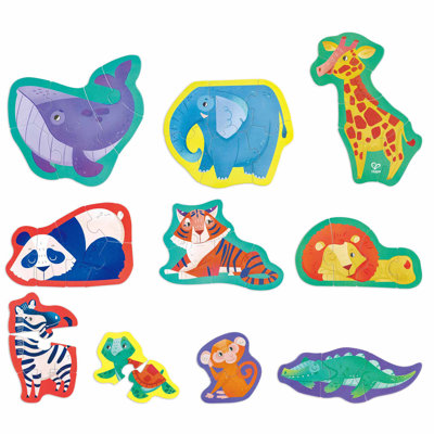 Hape: Jungle Friends Puzzle - 10 Mini Animal Shaped Puzzles, 2-6 Oversized Pieces Each, Colorful Design, Preschool Toy, Toddlers & Kids Ages 18mo+
