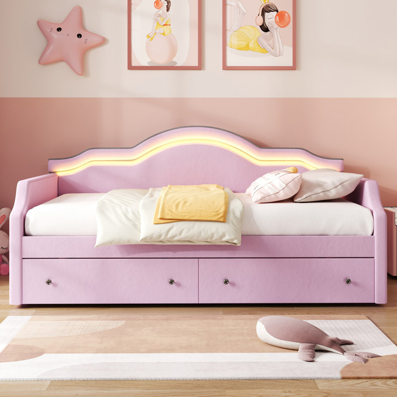 Lit de jour simple rembourré avec dossier à DEL et 2 tiroirs de rangement, plateforme en velours, aucun sommier requis, rose