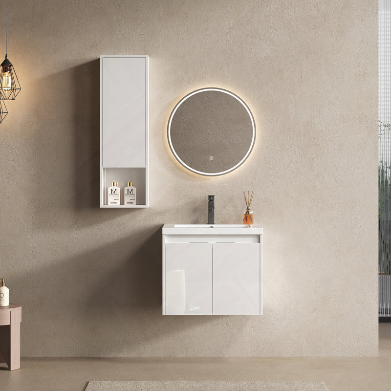 Meuble-lavabo de salle de bain avec lavabo en résine, deux portes à fermeture douce et une armoire murale