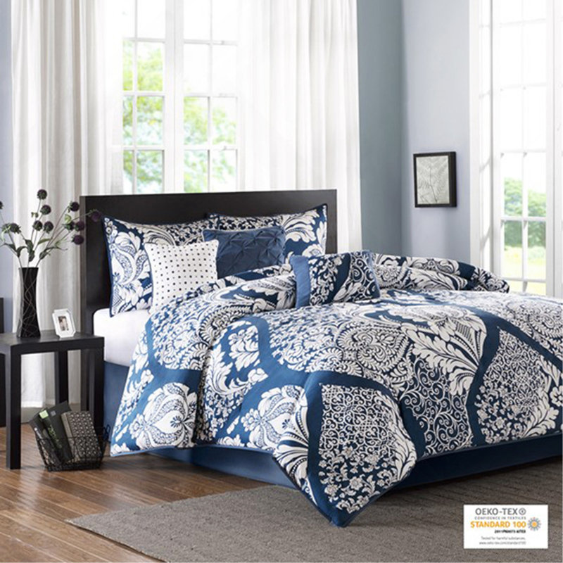 7 Piece Cotton Printed Comforter Set Indigo Queen