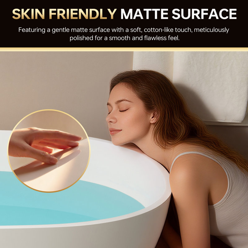 55" Freestanding Soaking Solid Surface Stone Resin Bathtub with Integrated Overflow and Pop-up Drain, Matte White