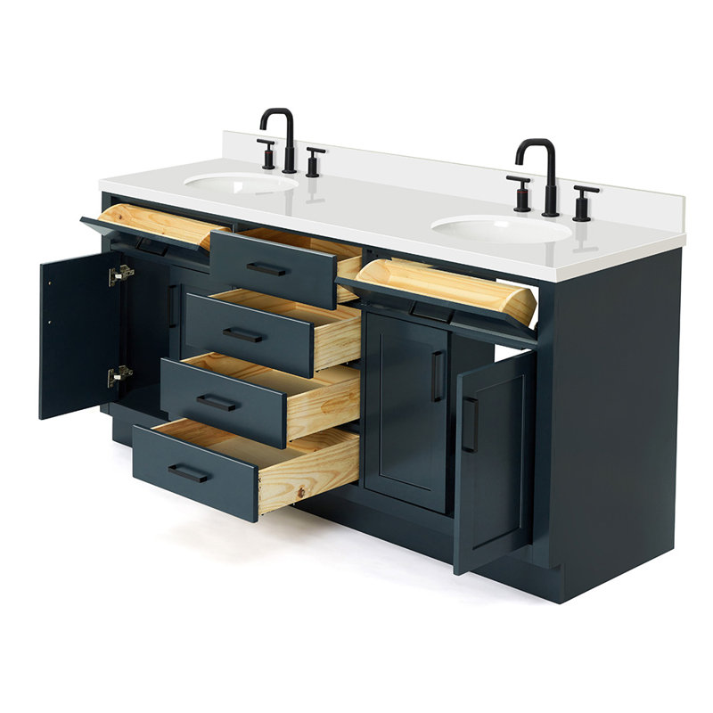 Meuble-lavabo double en bois massif 72 po Tidworth avec plateau en quartz blanc 1,5 po, Ovale, Bleu minuit