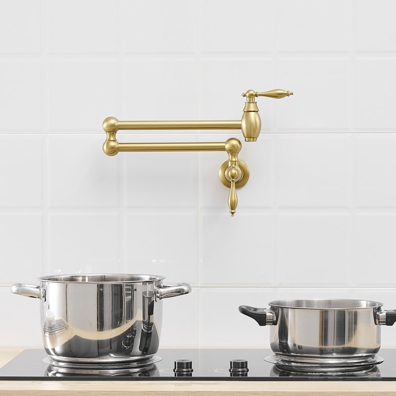 Brushed Gold Kitchen Pot Faucet, Wall Mount Commercial Filler Faucet With Double Joint Swing Arms, Brass Material, Dual Handles, Safe Leak Design In Gold, Folding 360 Rotation Cold Or Hot Water