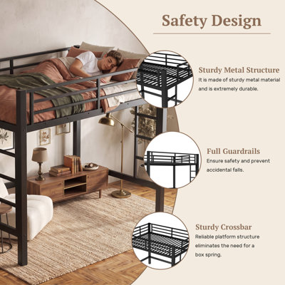 Twin Size Metal Loft Bed, Loft Bed With Easy Climbing Ladder And Guardrails , No Box Spring Needed，black