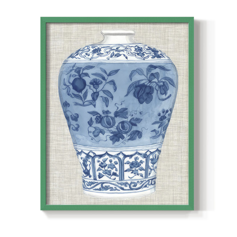 «Ming Vase on Linen II», reproduction encadrée - bois massif, H 15 po x l 12 po, Vert