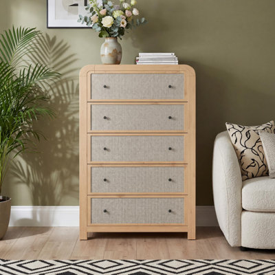 Farmhouse Tall Dresser with Curved Linen Drawers, Wooden Storage Chest with Anti-Tip Kit, 5 Drawer Options for Bedroom, Natural