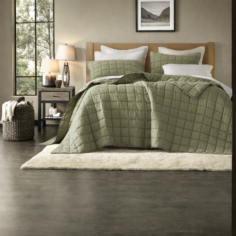 Breathable Linen Bedding Sets, Olive Green Quilt For Home Comfort