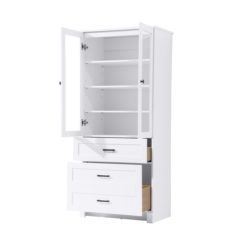 28 Inch Bath Storage Glass Cabinet  in White, White, 65" H x 28" W x 65" D
