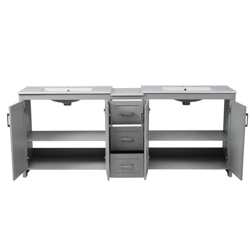 84" Double-Sink Bathroom Vanity, 2 Ceramic Sinks And A Quartz Countertop, With Adjustable Shelves And 3 Drawers, Large Storage Space, Silver Metal Handles And Soft Close Hinges Design