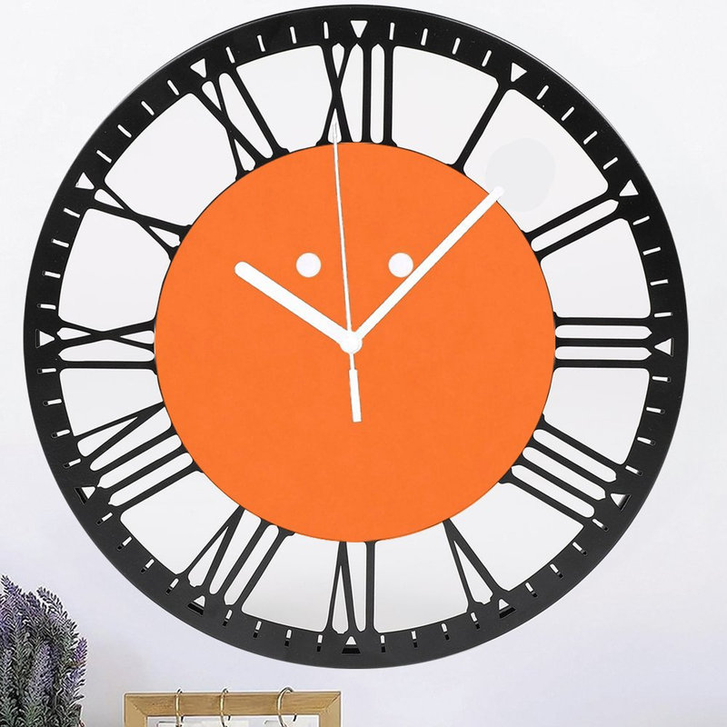 Horloge murale ronde en fer 10 po avec mouvement à quartz silencieux, chiffres romains, impression UV, Orange