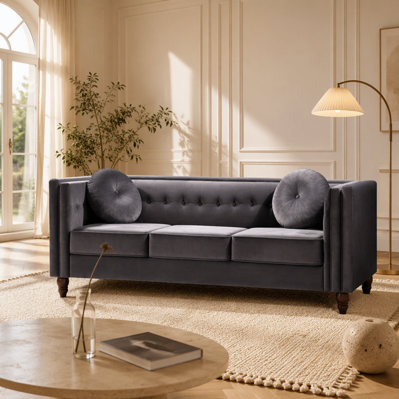 Canapé classique avec revêtement en velours froissé, Grey Velvet