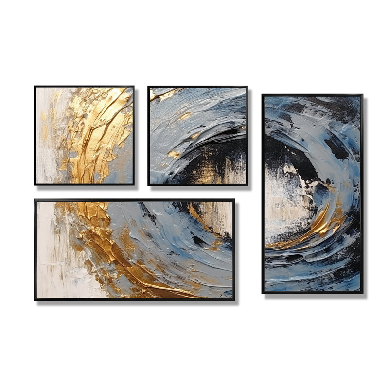 Spirales vibrantes dorées et bleues I - Art mural moderne 4 pièces, Impression encadrée sans passe-partout, Noir