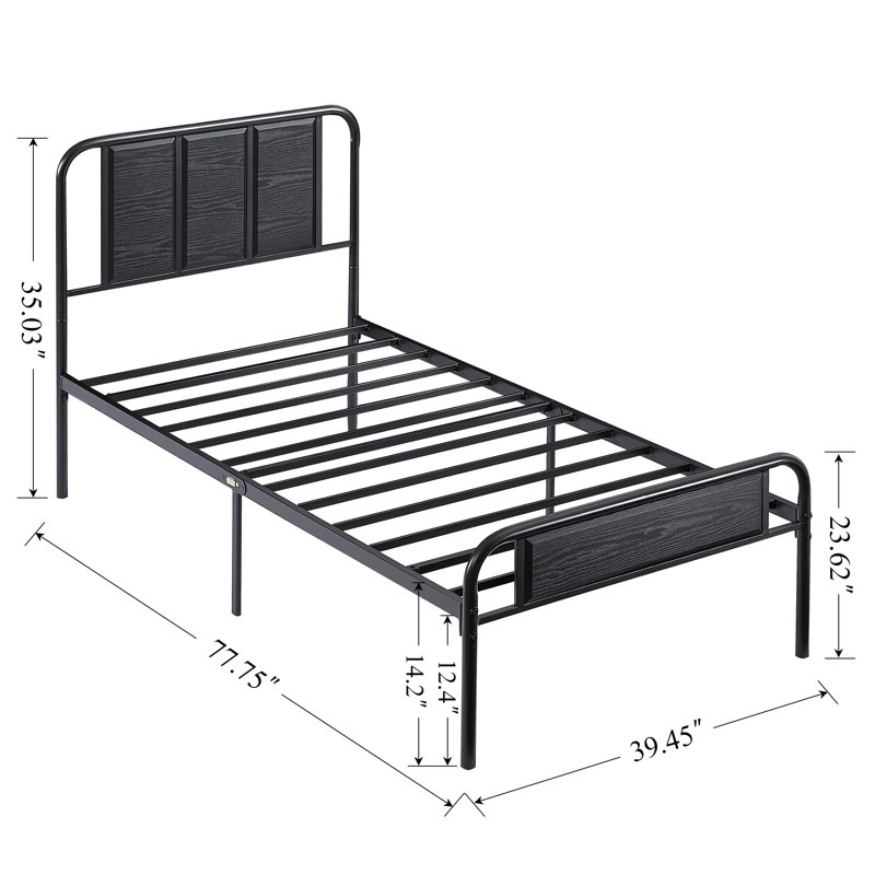 Ensemble de 2 cadres de lit simple Sabriya avec tête et pied de lit en bois, ensemble de 2 lits plateforme en métal avec support à lattes en acier robuste, aucun sommier nécessaire, parfait pour la chambre d'enfant, la chambre d'amis ou le dortoir