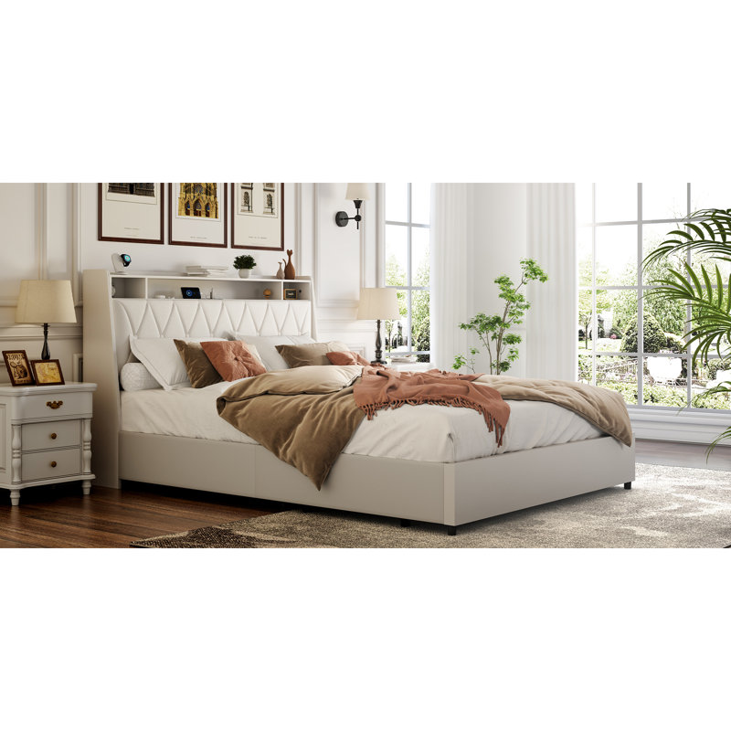 Structure de lit double avec tablette de rangement, tête de lit, prises de courant, sommeil tranquille, sans sommier, chambre à coucher en métal blanc essentiel