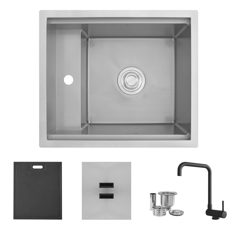 Concealed Dual-Mount Utility Sink – 20-Inch, 1-Hole Prep Sink Dura-Tek Finish with Faucet, Matte Black