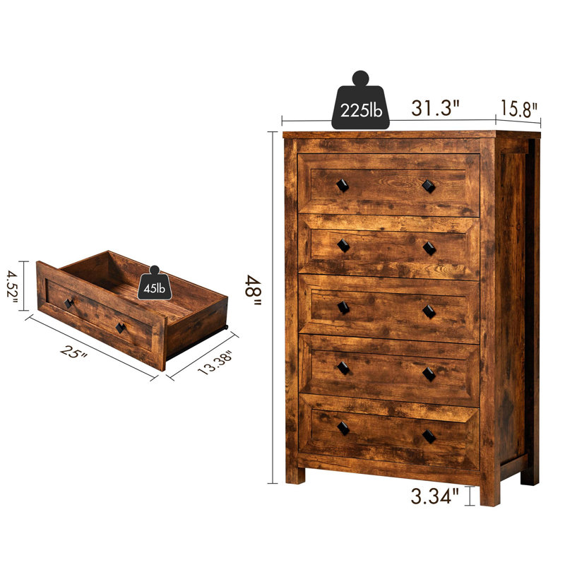 Commode 5 tiroirs Arlina Farmhouse, brun rustique, Brun rustique