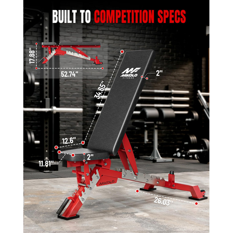 Banc de musculation Mikolo, capacité de 1 300 lb, 40 positions et rangement vertical pour le gymnase à domicile, Red